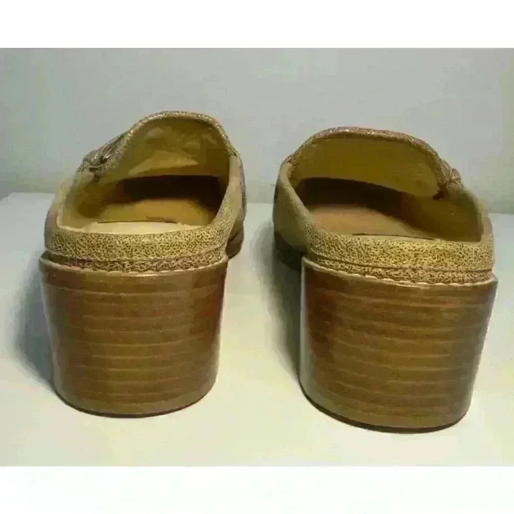 Stuart Weitzman Slide Women 7B Tan Beige Fabric Slip On Buckle Block Heel Spain
